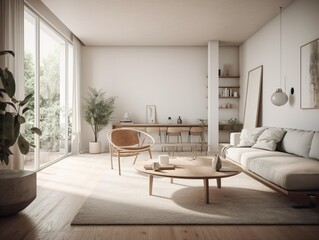Fototapeta premium A minimalist living room with a clean white palette, simple furniture, and no clutter, bathed in soft natural light . Generative AI