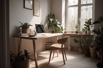 A minimalist home office with a simple wooden desk, a laptop, a pot of green plants, and a large window inviting lots of natural light . Generative AI