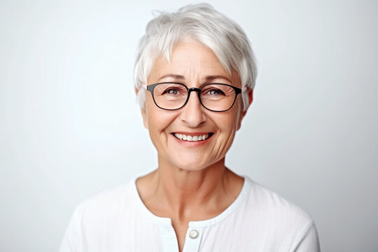 Beautiful 60s mid aged mature woman looking at camera. Mature old lady close up portrait on a white background