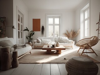 Fototapeta premium A minimalist living room with a clean white palette, simple furniture, and no clutter, bathed in soft natural light . Generative AI