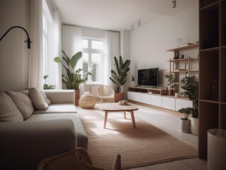 Fototapeta premium A minimalist living room with a clean white palette, simple furniture, and no clutter, bathed in soft natural light . Generative AI