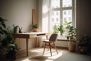 Fototapeta na wymiar A minimalist home office with a simple wooden desk, a laptop, a pot of green plants, and a large window inviting lots of natural light . Generative AI
