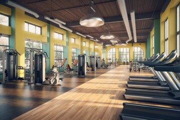 3D render of a state-of-the-art fitness facility, featuring well-equipped workout areas, modern exercise machines, and motivated individuals engaged in various fitness activities. Generative AI