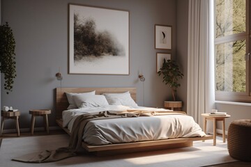 A minimalist bedroom with a white palette, a simple bed with clean lines, and a single piece of art hanging on the wall . Generative AI