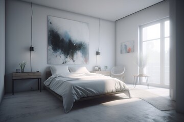 Fototapeta na wymiar A minimalist bedroom with a white palette, a simple bed with clean lines, and a single piece of art hanging on the wall . Generative AI