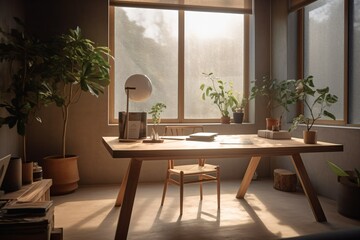 Fototapeta premium A minimalist home office with a simple wooden desk, a laptop, a pot of green plants, and a large window inviting lots of natural light . Generative AI