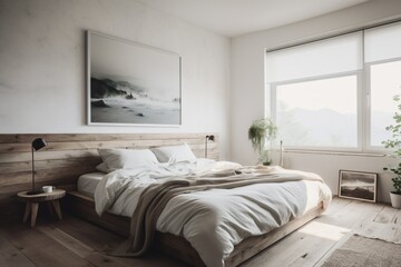 Fototapeta na wymiar A minimalist bedroom with a white palette, a simple bed with clean lines, and a single piece of art hanging on the wall . Generative AI