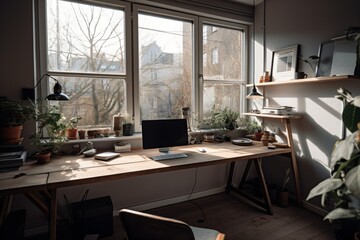 A minimalist home office with a simple wooden desk, a laptop, a pot of green plants, and a large window inviting lots of natural light . Generative AI