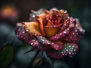 A macro shot of a blooming rose, focusing on the delicate petals and dew drops . Generative AI