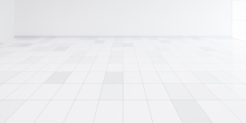 3d rendering of white tile floor with grid line of square texture pattern in perspective. Clean shiny surface. Interior home design for bathroom, kitchen and laundry room. Empty space for background. - obrazy, fototapety, plakaty