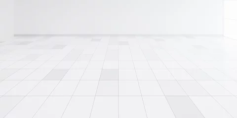 Deurstickers 3d rendering of white tile floor with grid line of square texture pattern in perspective. Clean shiny surface. Interior home design for bathroom, kitchen and laundry room. Empty space for background. © DifferR
