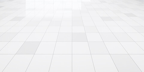 3d rendering of white tile floor with grid line of square texture pattern in perspective. Clean shiny surface. Interior home design for bathroom, kitchen and laundry room. Empty space for background.