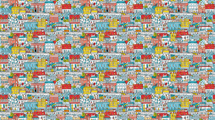 Fototapeta premium Seamless pattern of cities for children, created with generative AI technology