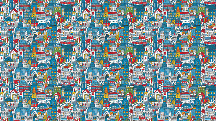 Seamless pattern of cities for children, created with generative AI technology
