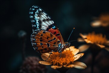 A macro image of a butterfly perched on a vibrant flower, showcasing the intricate patterns on its wings . Generative AI