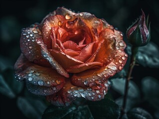 A macro shot of a blooming rose, focusing on the delicate petals and dew drops . Generative AI