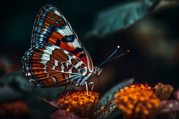 A macro image of a butterfly perched on a vibrant flower, showcasing the intricate patterns on its wings . Generative AI