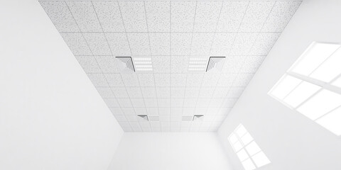 3d rendering of white ceiling in perspective with texture of acoustic gypsum board, air conditioner, lighting fixture or panel light, pattern of square grid structure. Interior design for building.
