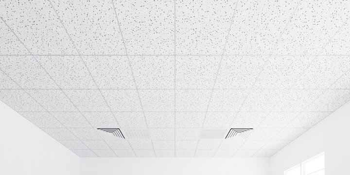 3d rendering of white ceiling in perspective with texture of acoustic gypsum board, air conditioner, lighting fixture or panel light, pattern of square grid structure. Interior design for building.
