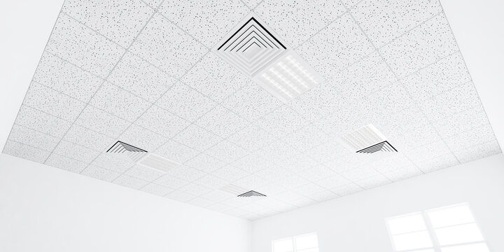 3d rendering of white ceiling in perspective with texture of acoustic gypsum board, air conditioner, lighting fixture or panel light, pattern of square grid structure. Interior design for building.
