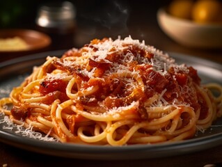 Fototapeta premium Pasta all'Amatriciana with tomato sauce, guanciale, and Pecorino cheese on a plate