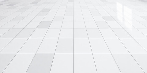 3d rendering of white tile floor with texture pattern in perspective. Clean shiny of ceramic surface. Modern interior home design for bathroom, kitchen and laundry room. Empty space for background.