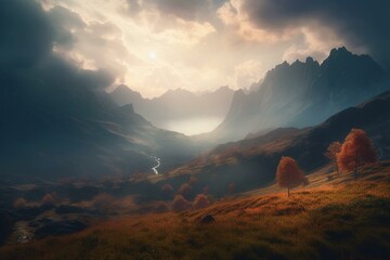 Fototapeta na wymiar A misty mountain range beyond a dreamlike landscape with a rainbow sky. Generative AI
