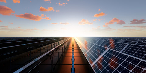 3d rendering of floating solar, floatovoltaics or solar farm consist of photovoltaic cell on panel, pontoon, water. System technology for electric, electricity generation. Clean and green power energy © DifferR