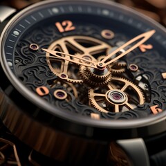 A macro photograph of a luxury watch, capturing the fine details of the watch face and the craftsmanship . Generative AI