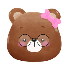 Face of a brown cartoon bear with glasses and a bow on his ears