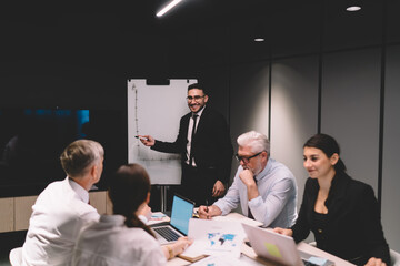 Businesspeople with laptops listening presentation