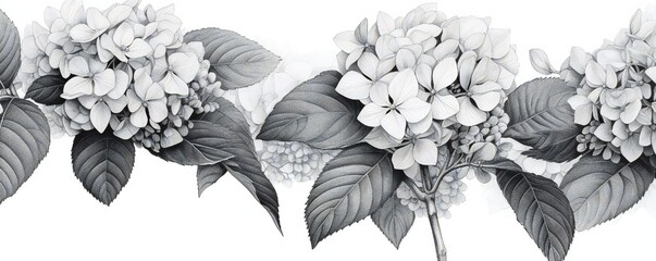 Hydrangea black lines stroke art on white background Generative AI