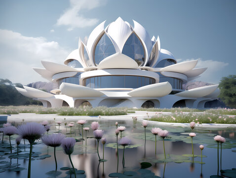 Building in a shape of a lotus reflected around in a pond, in the style of organic sculptures. Islamic art and architecture influence. Generative AI.
