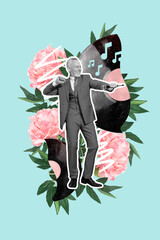 Vertical collage picture of excited black white colors mini grandfather hold microphone dancing big flowers vinyl record melody notes