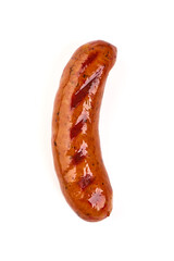 Grilled bratwurst Pork Sausages with basil leaves, close-up, isolated on white background.