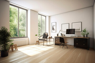 Fototapeta premium Side view on modern home office table with computer, chair and big window.AI Generative