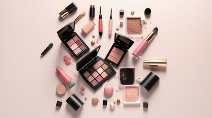 Obraz premium Fashion woman make up product, brushes, lipstick, nail polish layout. Top view. AI Generative