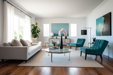 Naklejka na ściany i meble Luxurious spacious living room with couch. AI Generative