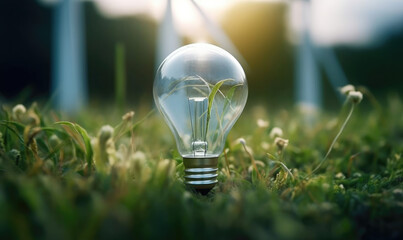 lightbulb with young plant on soil and sunshine. concept saving energy in nature