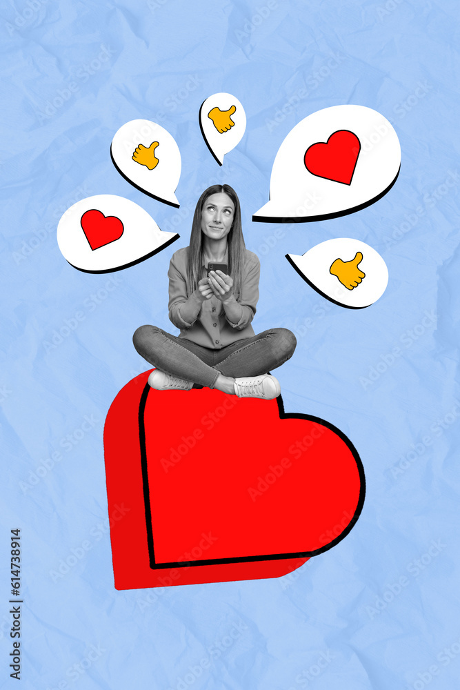 Poster vertical collage image of mini black white effect girl sit big drawing heart use smart phone think l