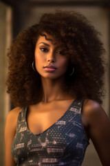 Fototapeta premium Young, afro haired woman with curly hair .Beautiful model with long, hairstyle. AI Generative