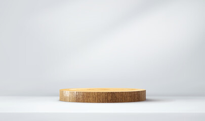 Wood stage podium on white background. Abstract light studio room with wooden stage display platform. 3d minimal nature scene for product presentation. Realistic vector illustration
