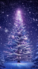 Illustrated illuminated Christmas tree in the snowy nature with white lights and dark blue surroundings. Generative AI