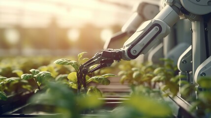 Close up shot of a robotic arm in action, tech agriculture farm, Ai generated technology