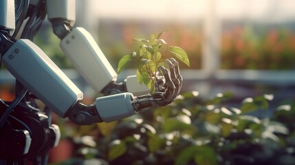 Robot holding a plant inside a plant farm made with Ai generated technology