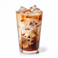 Coffee infuses into a cup filled with ice cubes and milk to form iced latte, or macchiato on an isolated white background. Generative AI - 614740112