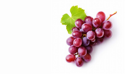 Fototapeta premium Bunch of lighter red grapes with a leaf on an isolated white background. Generative AI