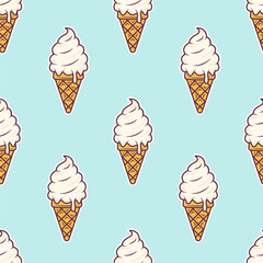 Creamy ice cream cone seamless pattern cartoon style. Vector illustration isolated on blue background
