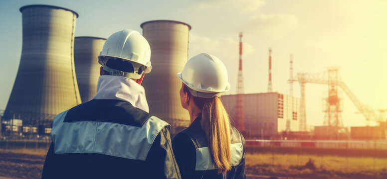 Male and female nuclear plant construction workers oversee the project building. Goenerative AI