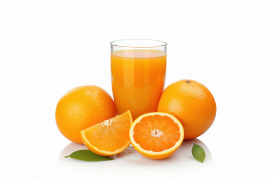 Fresh oranges and a cup of orange juice on an isolated white background. Generative AI